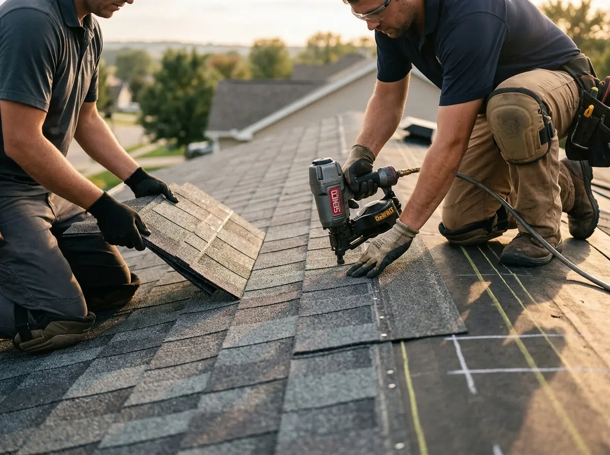 Professional roofer working on a residential roof in Jan Phyl Village